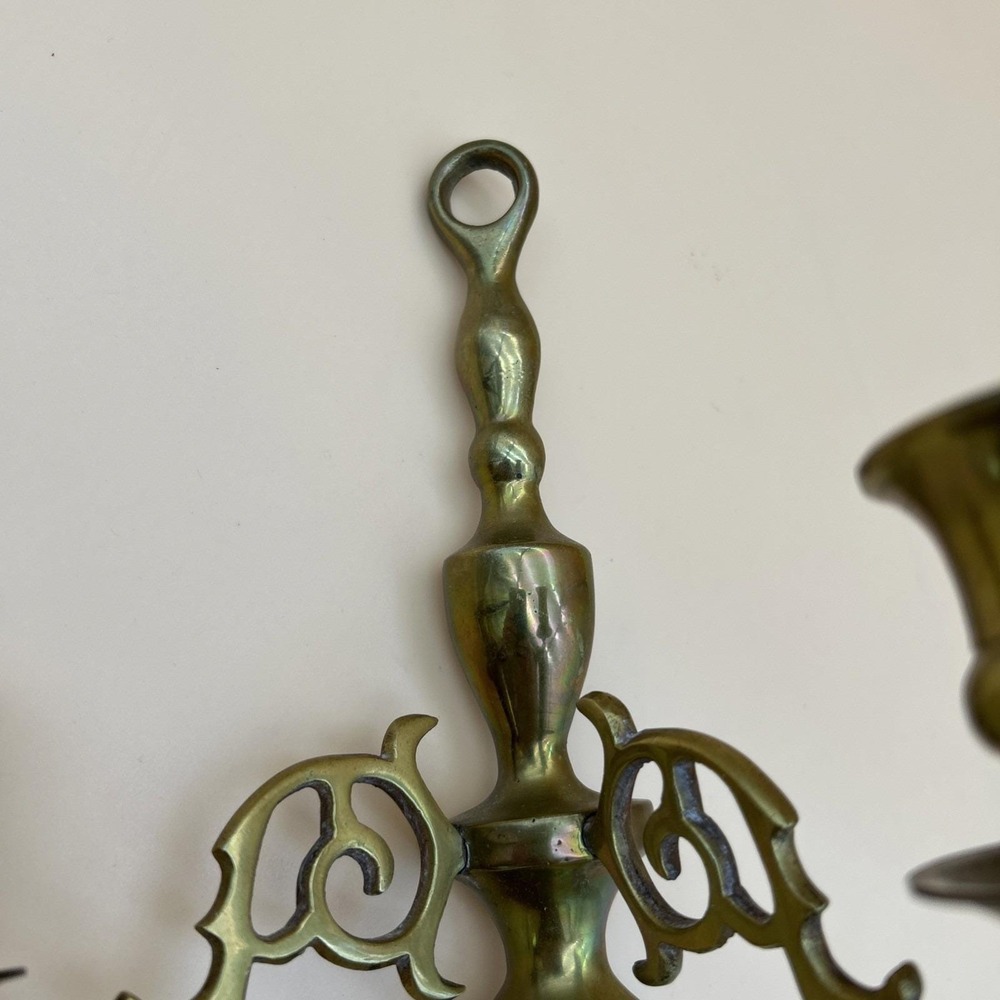 Vintage Solid Brass 2 Arm Candle Holder Wall Mounted Sconce Candelabra 10" - Picture 2 of 3